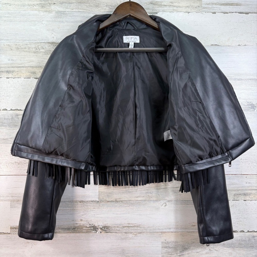 Sofia Jeans by Sofia Vergara Black Faux Leather Fringe Moto Jacket S Festival - Picture 3 of 12